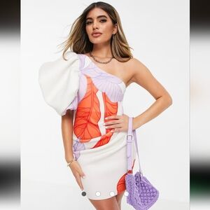 $70 ASOS DESIGN bubble one sleeve bodycon dress 6 abstract floral print Mini S
